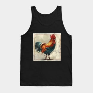 Colorful Rooster Painting on Beige Background - Here Comes The Rooster 2 Tank Top